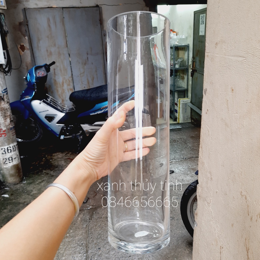 Lọ cắm hoa tròn 10x35cm, bình thủy tinh trang trí, trụ cắm hoa dáng tròn thủy tinh việt nam trong veo