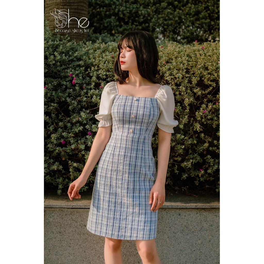 Váy cổ vuông 3 nút She, đầm nữ tay bồng dáng ôm đi chơi,công sở SD488