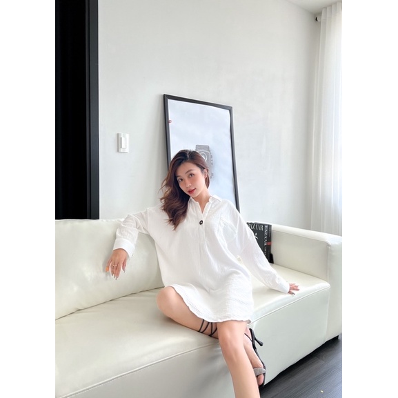 Đầm sơmi nữ tay dài dáng suông form rộng vải muslin cao cấp - Byveestyle
