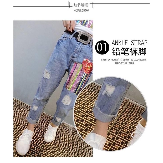 Set quần jean và áo thun tay ngắn đính sequin thời trang cá tính cnj (Có bán lẻ)