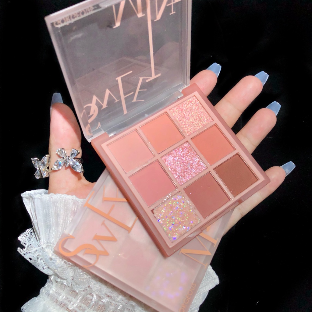 Bảng phấn mắt lì 9 ô màu tone nâu rêu cam siêu sang li tự nhiên ít nhũ giá học sinh nội địa Trung