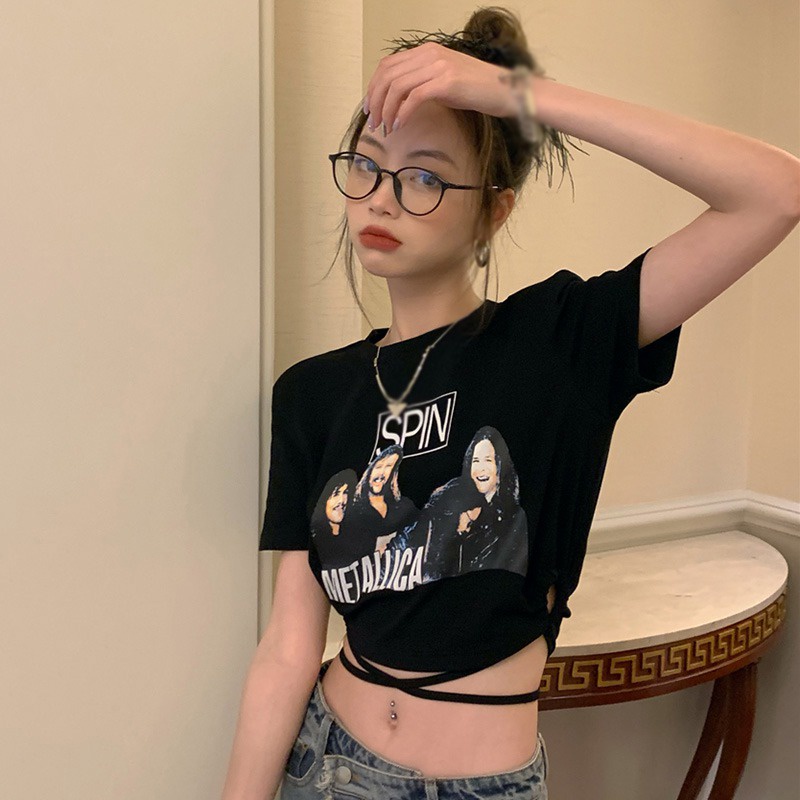 Áo Thun Croptop Cổ Tròn Tay Ngắn Dáng Ôm Cột Dây In Họa Tiết Thời Trang Hàn Quốc Cho Nữ