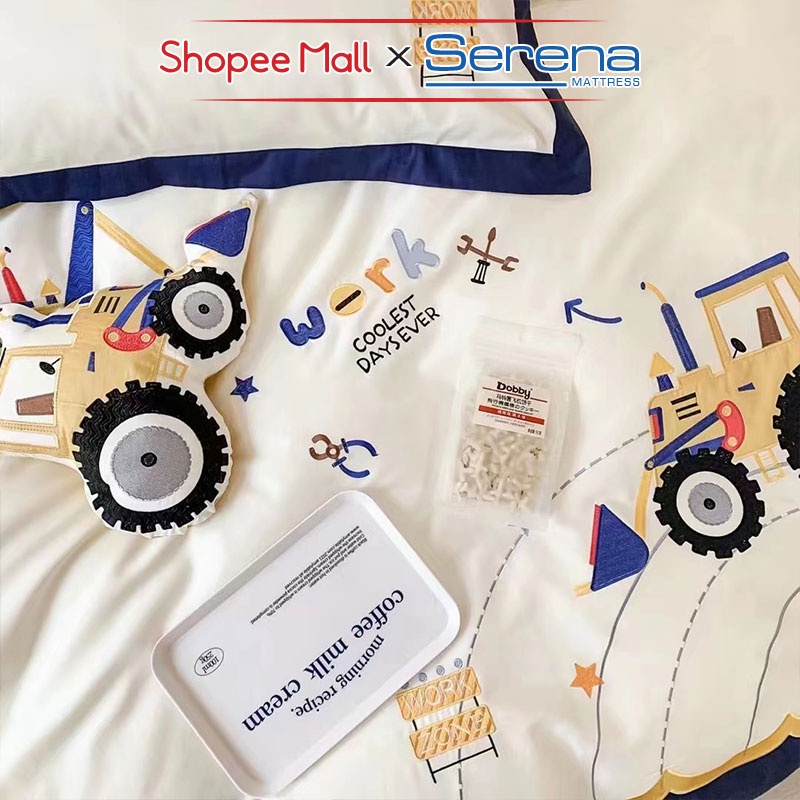 Bộ Ga Giường Chần Bông Full 5 Món Lụa Satin Thêu SERENA MATTRESS Chăn Ga Ra Drap Gối Đệm Nệm Trải Phủ Giường Trần Bông