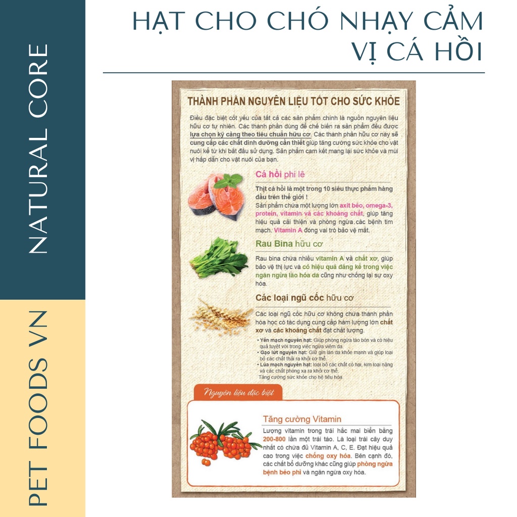 Hạt cho chó nhạy cảm NATURAL CORE DOG 1kg vị Cá Hồi