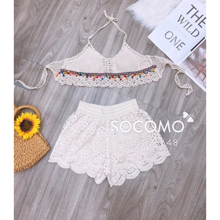 Ren 11-Ảnh Thật Shop Chụp-Set ren Bikini đi biển xinh - áo bra vây cá quả bông + quần cạp ren hoa