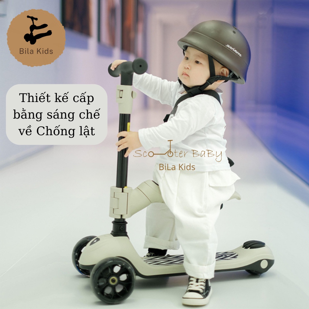 Xe trượt scooter chòi chân cho bé BILA KIDS từ 1-14 tuổi, có ghế, tải trọng 100kg Siêu bền, scoot and ride