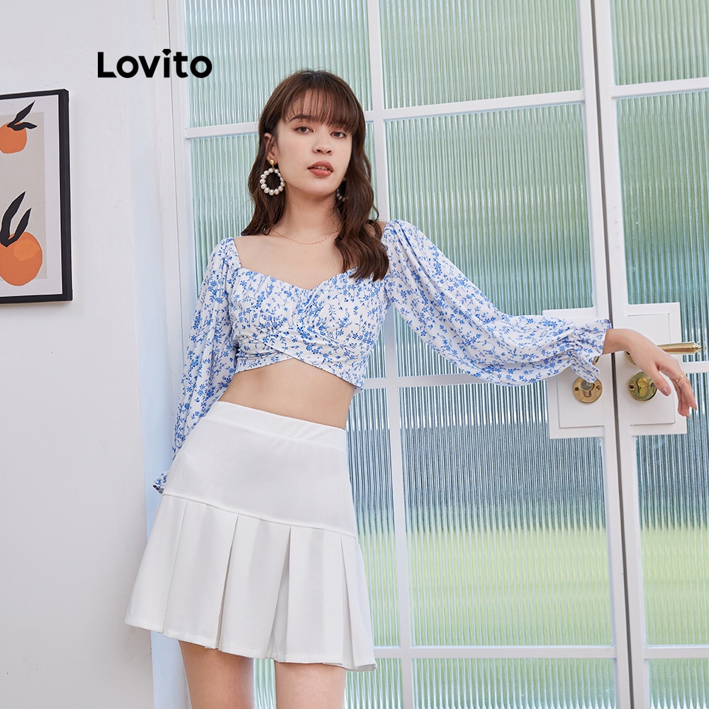 Áo kiểu Lovito L04146 dài tay màu trắng họa tiết hoa nhí dáng ôm vừa vặn có dây thắt sau lưng | BigBuy360 - bigbuy360.vn
