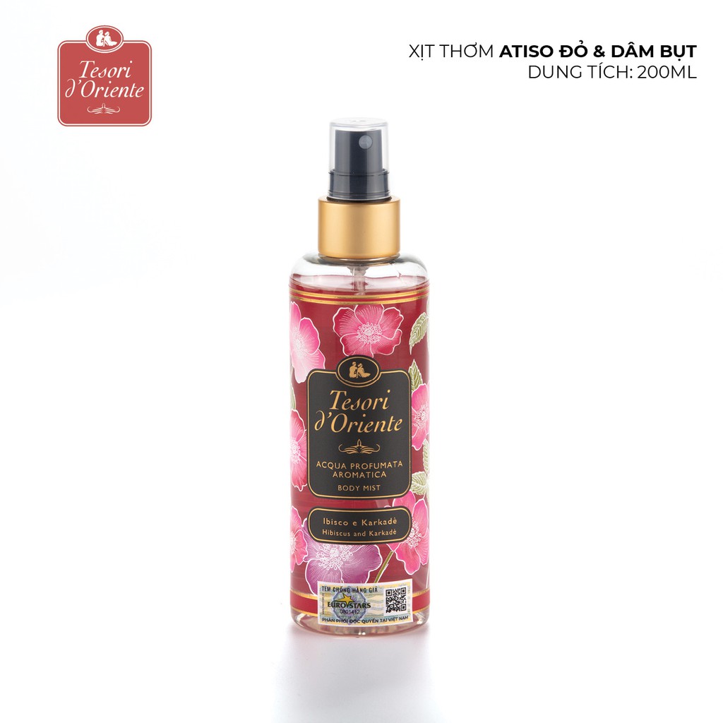 Xịt thơm Bodymist dưỡng ẩm cơ thể Tesori d'Oriente Atiso đỏ và Hoa dâm bụt 200ml