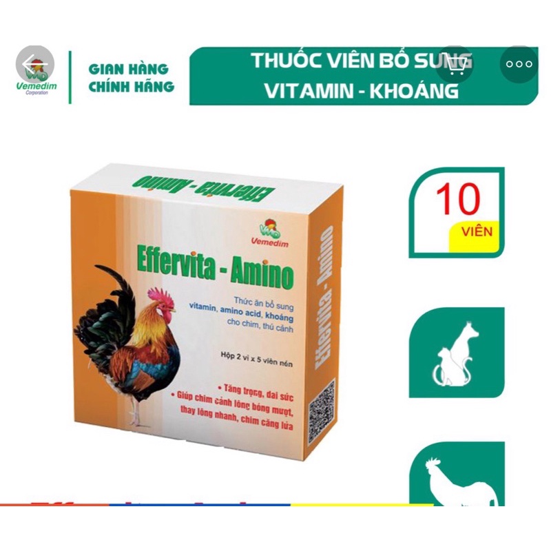 Vemedim Effervita-Amino  thuốc viên bổ sung vitamin, amino acid, khoáng cho chim cảnh, gà đá, chó mèo,  hộp 10 viên