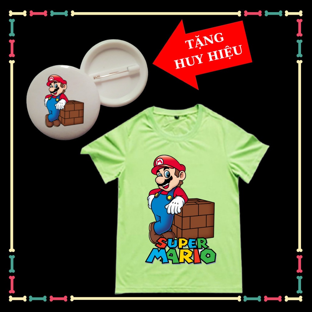 Áo thun trẻ em mẫu Mario bé trai, bé gái, tay ngắn, đủ size áo từ 10kg đến 90kg huy hiệu mario trẻ em