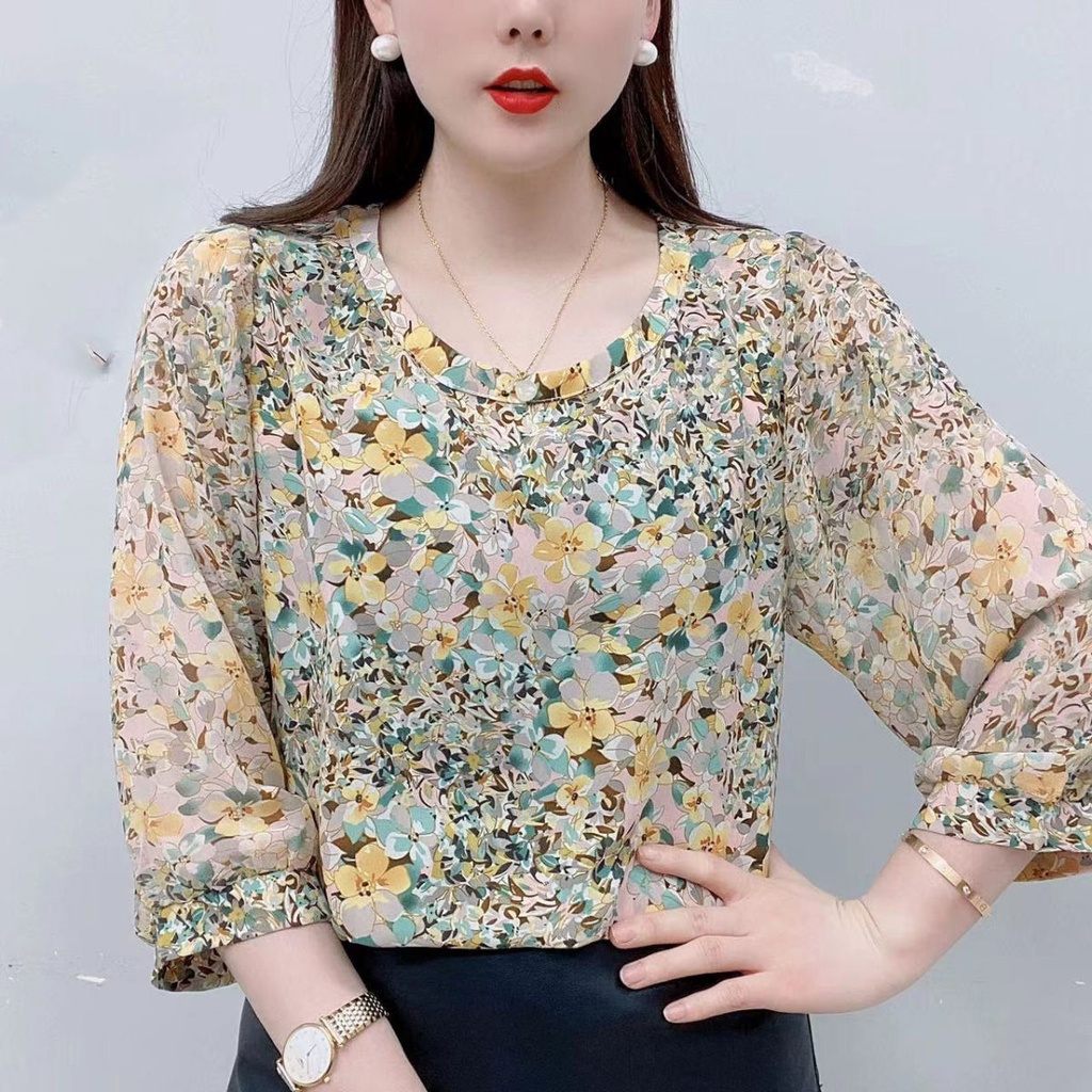Áo Sơ Mi chiffon Ngắn Tay Cổ Tròn In Họa Tiết Hoa Thời Trang Mùa Hè Cho Nữ