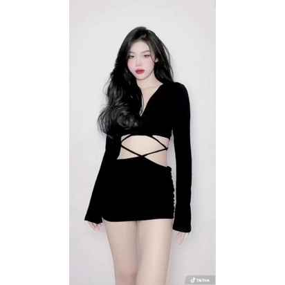 Set Thun Cột Dây Eo Áo Croptop Cổ V Tay Dài Loe Và Chân Váy Bút Chì Dáng Ngắn - Form Ôm Body Sexy - Cute Cá Tính