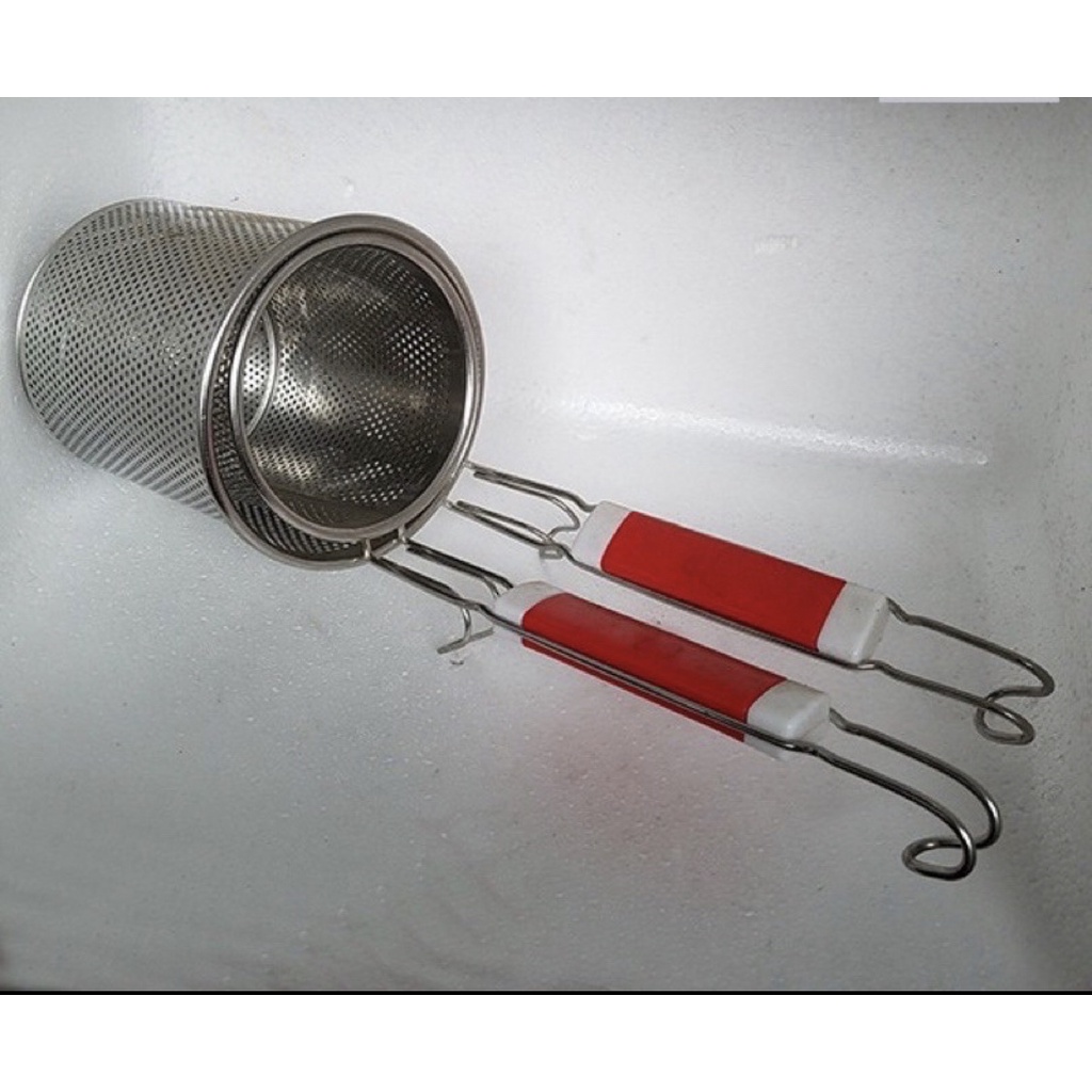 Dụng cụ sóc phở trần bún inox cao cấp - Xóc phở- trần phở- chần bún- sóc bún- xóc bún dạng ống đột lỗ cán đỏ cán gỗ