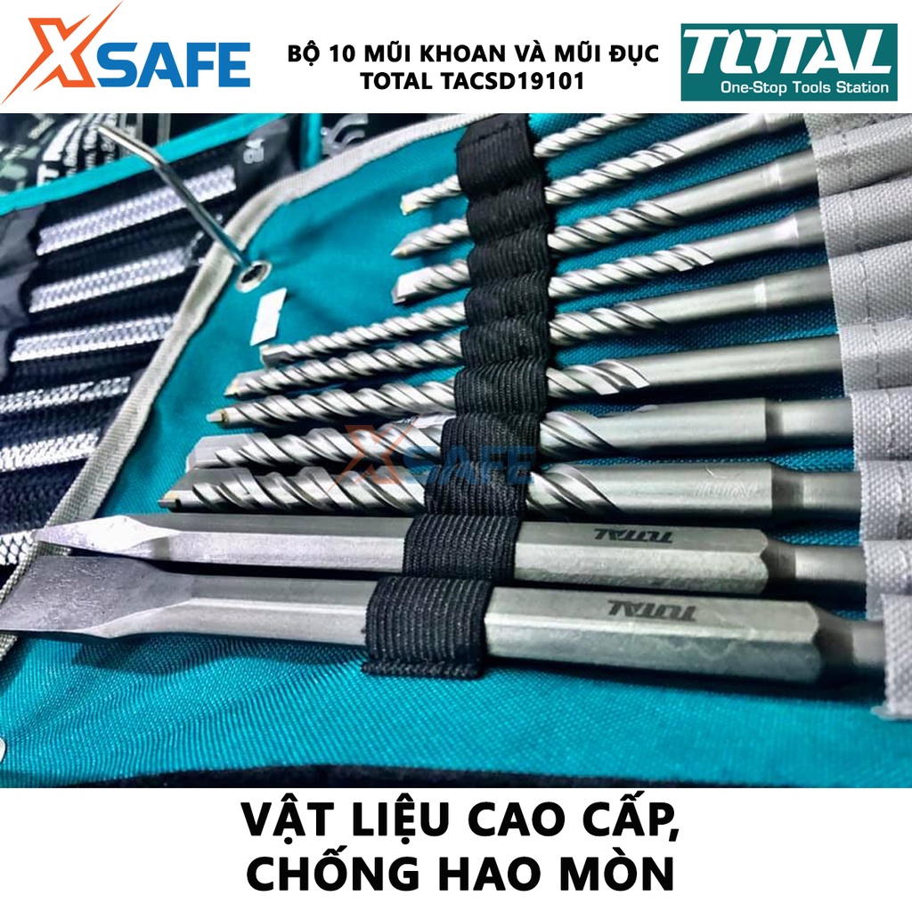 Bộ mũi khoan và mũi đục bê tông 10 chi tiết TOTAL TACSD19101 gồm 8 mũi gài và 2 mũi đục - [XSAFE]
