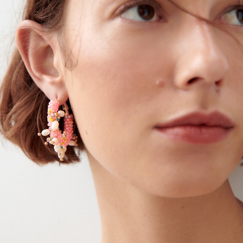 Khuyên tai Pinkdudu PD709 dạng vòng đính hạt acrylic và ngọc trai giả phong cách boho thời trang