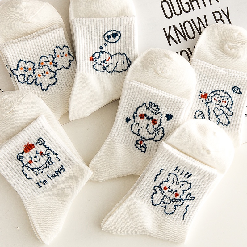 Tất vớ nữ cổ cao cotton trắng hoạ tiết hoạt hình dễ thương phong cách Hàn Quốc