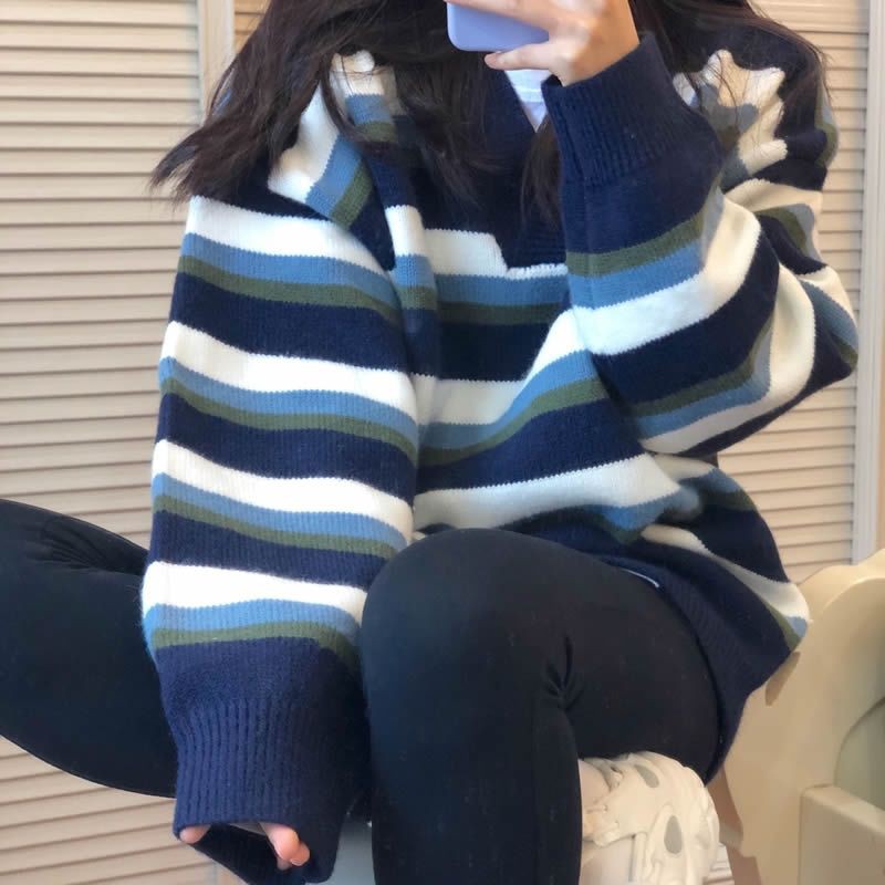 Áo Len Tay Dài Dáng Rộng Họa Tiết Kẻ Sọc Phong Cách Hàn Quốc Thời Trang Cho Nữ