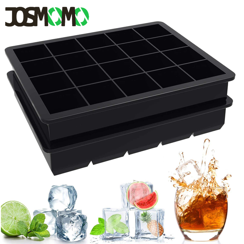 JOSMOMO 1PC Nhà sản xuất khay đá lớn phủ silicone, khuôn khay đá vuông có thể tái sử dụng, tháo lắp dễ dàng, thích hợp cho rượu whisky, cocktail, súp, thức ăn trẻ em và đồ ăn nhẹ đông lạnh-dẻo và không chứa BPA (20 khối đen 2 gói)