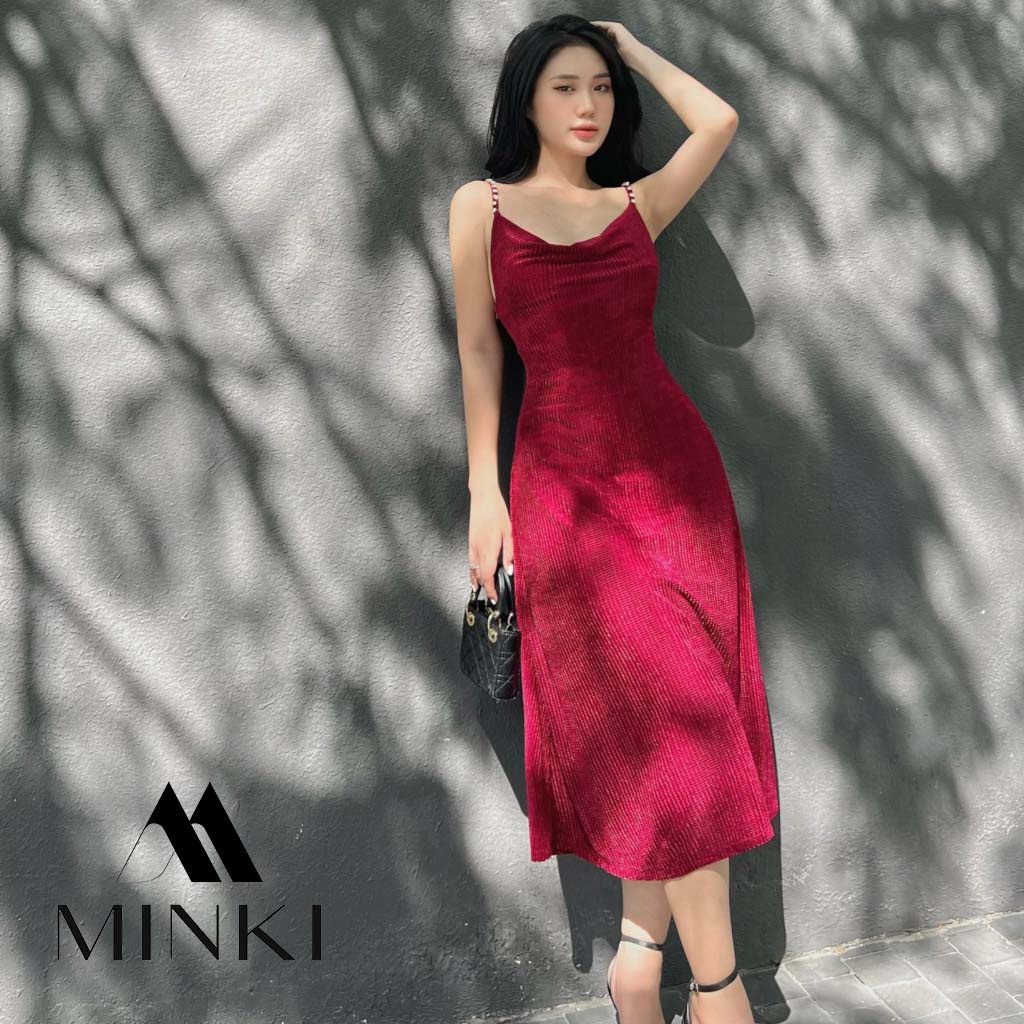 ĐẦM GÂN NHUNG CỔ ĐỖ 5 MÀU - CHẤT LIỆU CAO CẤP -  MÀU ĐỎ / XANH / ĐEN / HỒNG / CAM