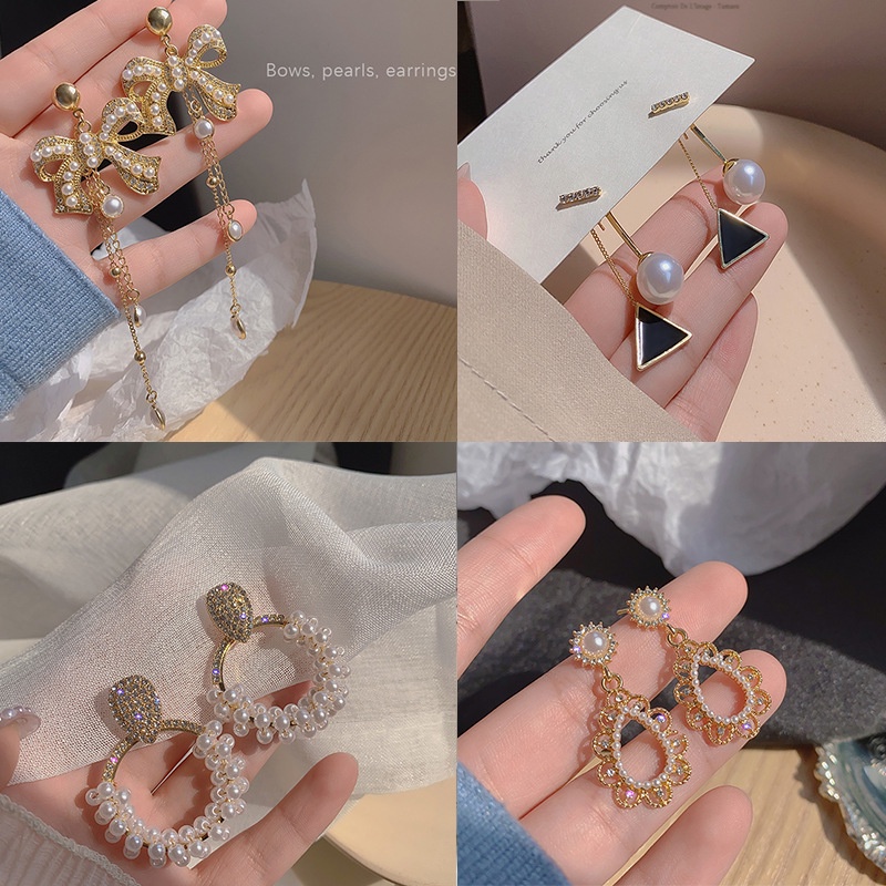 Bông Tai Bạc S925 Dáng Dài Đính Ngọc Trai Phối Tua Rua Kiểu Hàn Quốc Thời Trang Cho Nữ