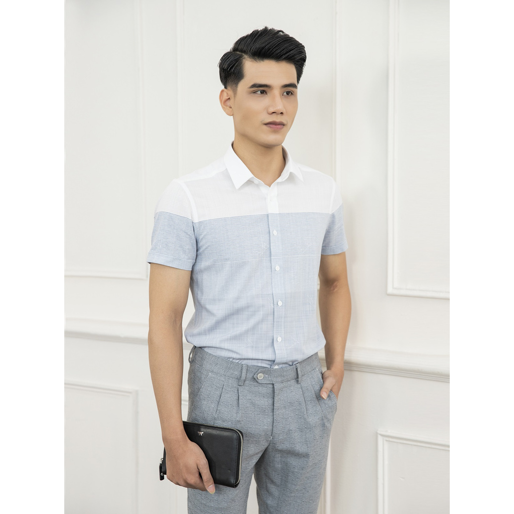 Áo Sơ Mi Nam Tay Ngắn Aristino ASS039S1 Dáng Slim Fit Vải Sợi Sồi Màu Trắng Kẻ Xám Dệt Jacquard