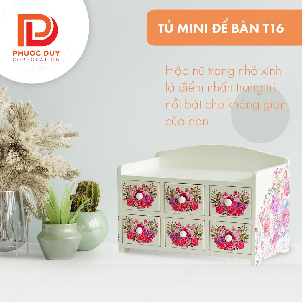 Tủ mini để bàn đa năng gỗ thông - Tủ nữ trang mỹ phẩm T16 họa tiết hoa - BH 12 tháng