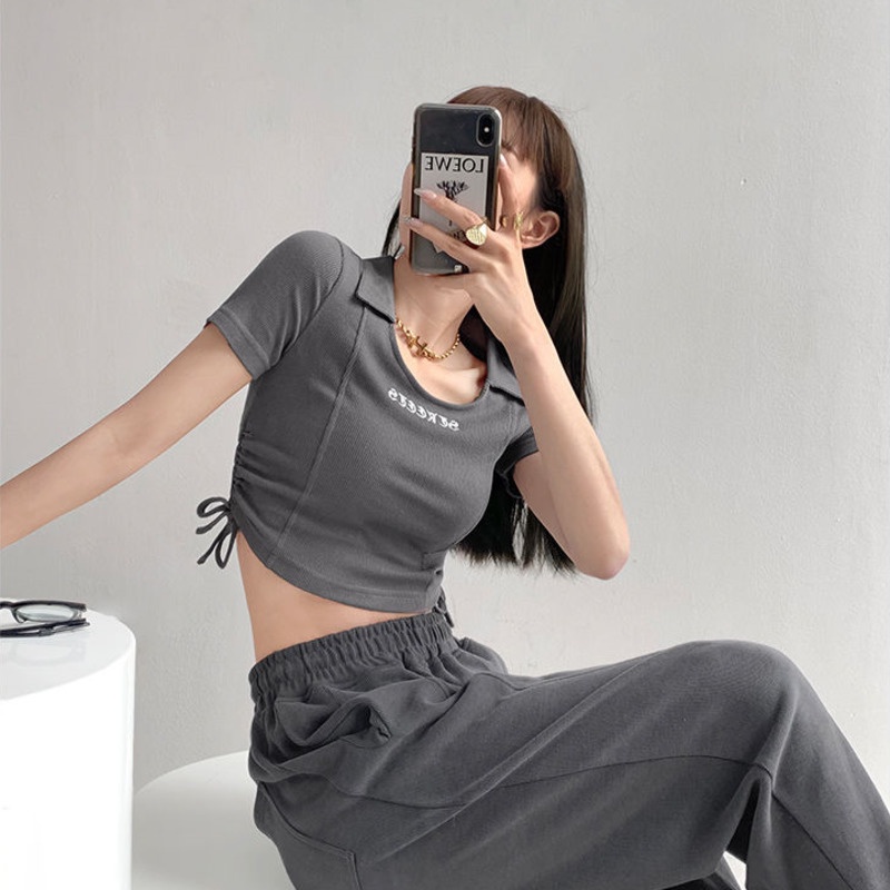 Áo Thun Dệt Kim Tay Ngắn Dáng Ôm Phối Dây Rút Thời Trang Mùa Hè Cho Nữ