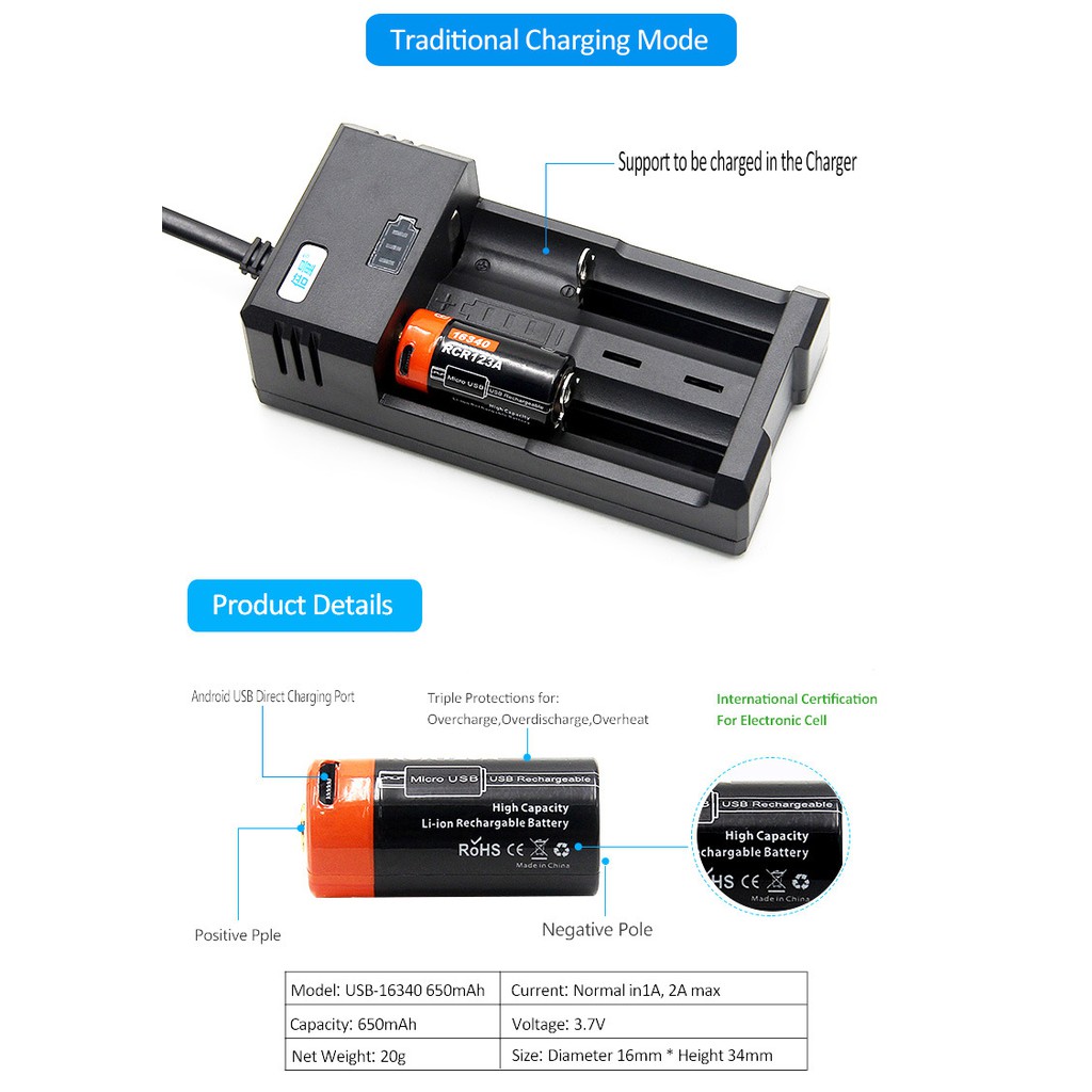 Pin Sạc Cổng Micro USB 3.7V 650mAh 16340 Doublepow DP-CR123A - Hàng Chính Hãng