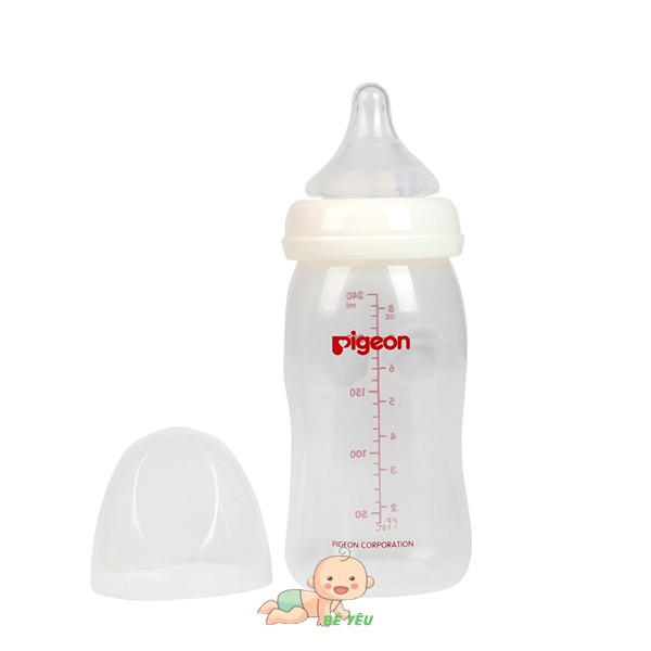 Bình sữa Pigeon cổ rộng 240ml PP Plus, núm đi kèm theo bình size M ( 4- 6 tháng)