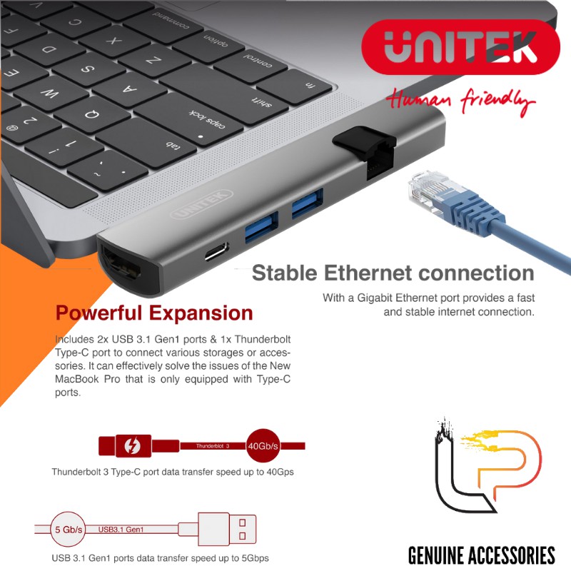 Bộ chuyển USB type-C sang HDMI +LAN + USB Unitek D008A