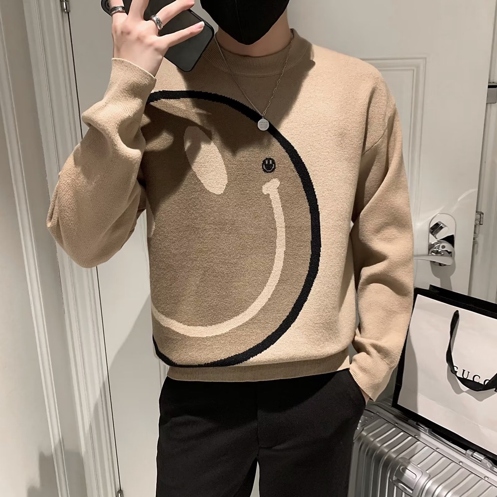 Áo Sweater Dệt Kim Cổ Tròn In Hình Mặt Cười Thời Trang Thu Đông Mới Cho Nam