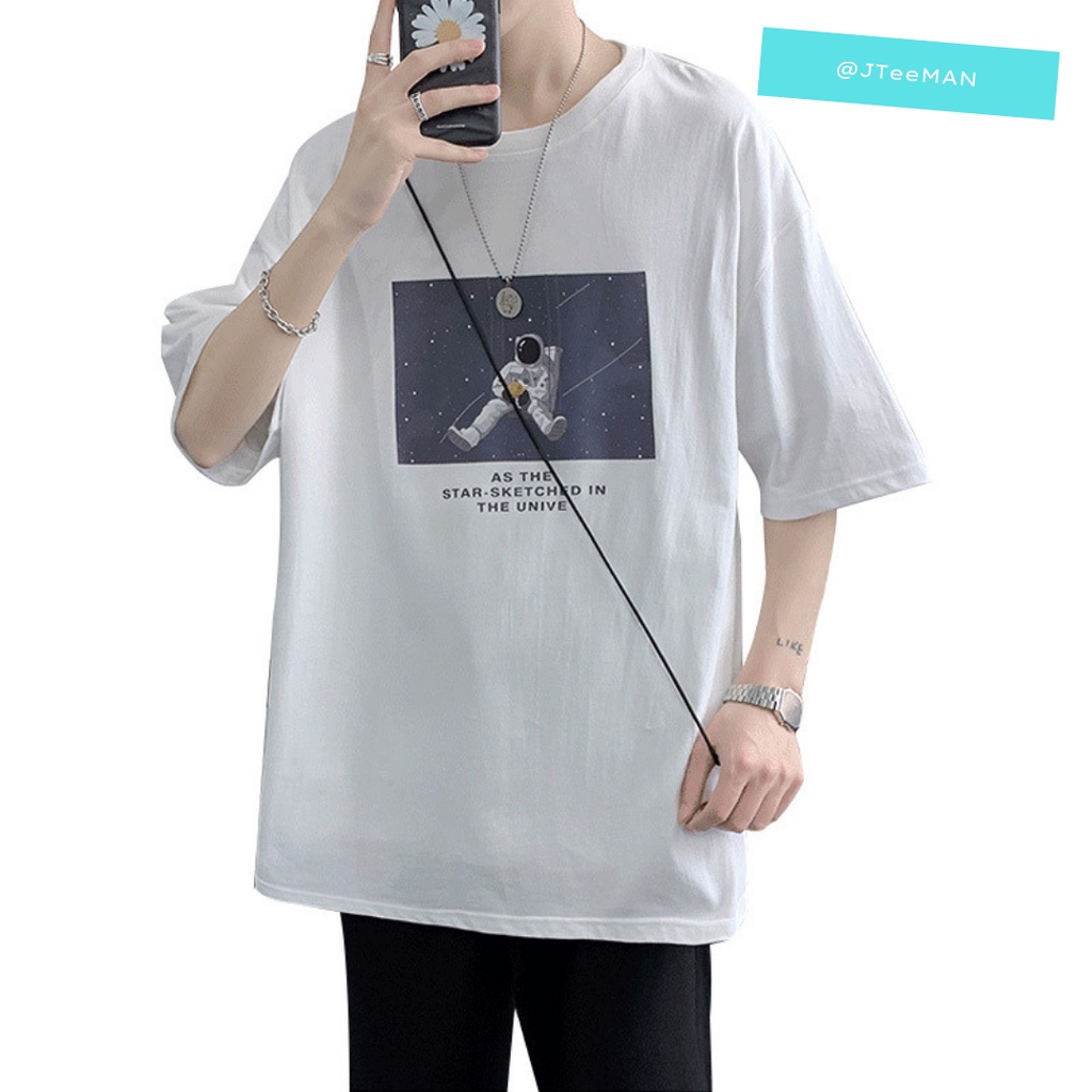 Áo thun nam form rộng JteeMan, áo unisex tay lỡ Hàn Quốc chất vải cotton in hình phi hành gia 2 màu Trắng, Đen JT03