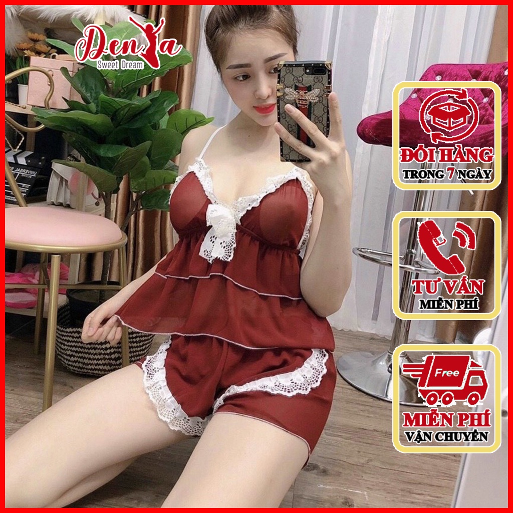 Đồ ngủ gợi cảm DenYa voan hai dây, áo xếp ly 2 tầng, MV11