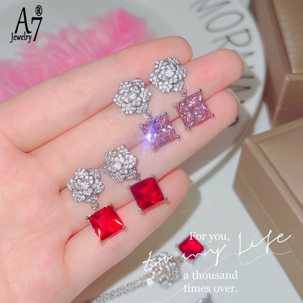 Bộ Vòng cổ Và Bông Tai Đính Đá Zircon A7 Hình Hoa Hồng