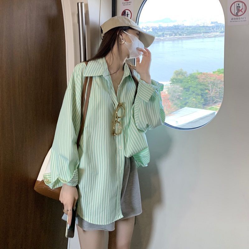 Áo sơ mi Pure Cube chống nắng dáng dài mỏng họa tiết kẻ sọc thời trang mới cho nữ