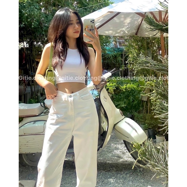 Quần jeans trắng lưng cao ống rộng đứng form siêu hack dáng