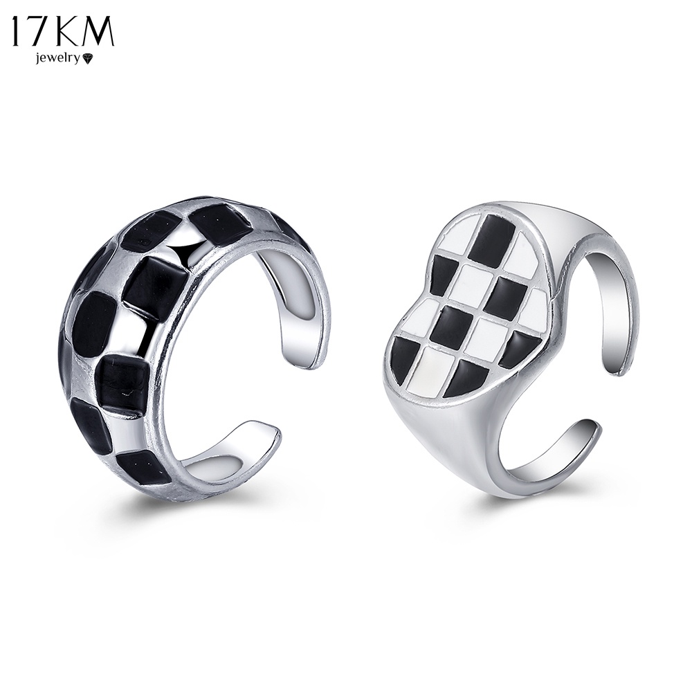 Nhẫn hở 17KM trái tim kẻ ô vuông trắng đen thời trang cá tính