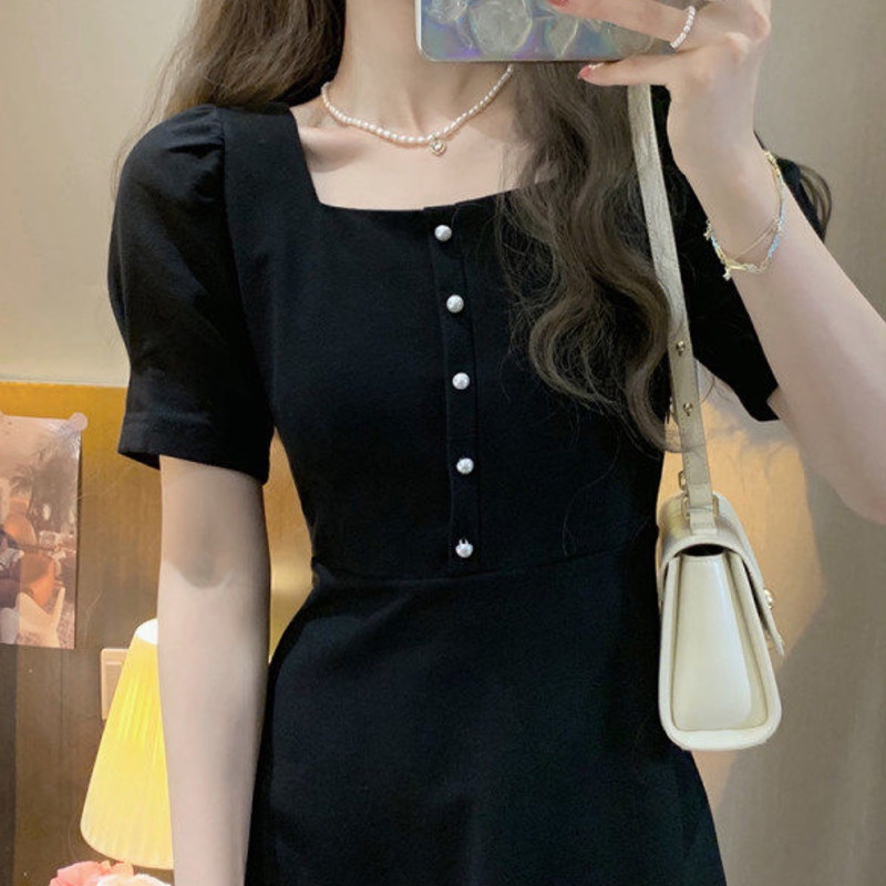 Đầm Đen Phong Cách Pháp Thanh Lịch 165463 Đầm Midi Dáng Chữ a Cổ Vuông Thiết Kế Tinh Tế Thời Trang Retro