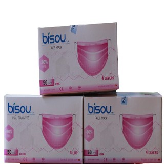 03 hộp Khẩu trang Y tế Bisou 4 lớp màu hồng