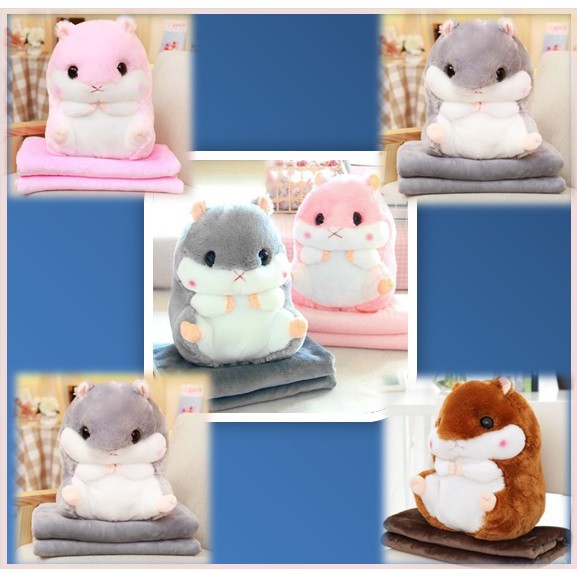 (Tăng móc dán 3D)Bộ Chăn gối văn phòng gấu bông chuột hamster hồng, xám, nâu  siêu đáng yêu (gia dung tien ich 68)