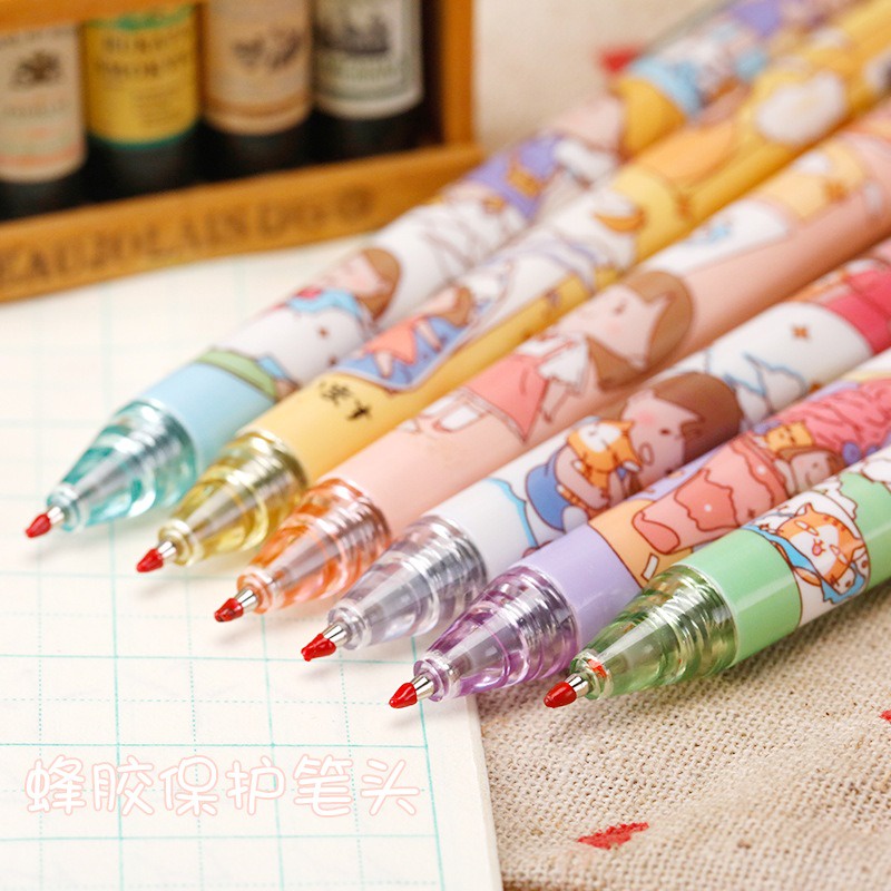 Bút mực gel đen với ngòi 0.5mm in họa tiết cô gái đáng yêu phong cách Hàn tiện lợi