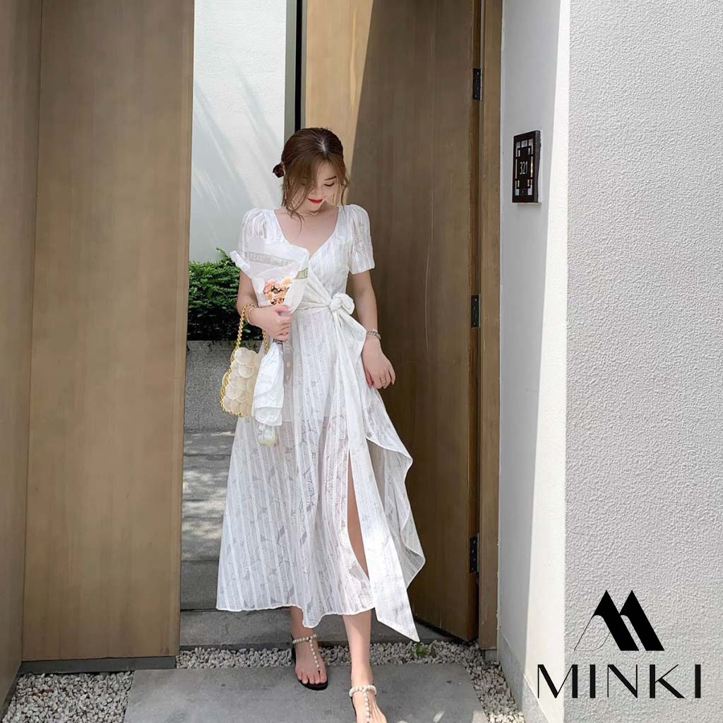 🌸 ĐẦM TRẮNG HỒNG HOẠ TIẾT CHIẾC LÁ - CHẤT LIỆU CAO CẤP - MÀU TRẮNG / HỒNG