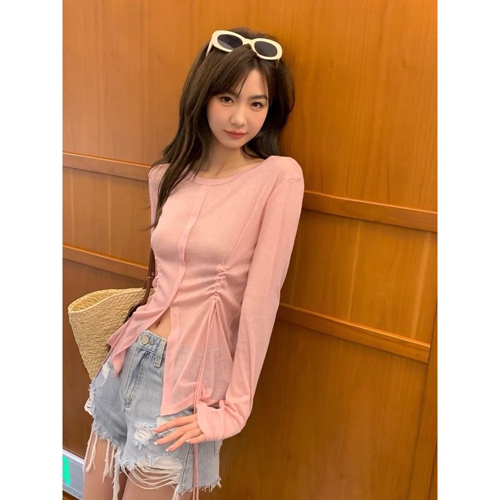 Drawstring T-shirt Women Summer Solid Color Long Sleeves Round Neck Front Shoulder Niche Thin Thin Waist Design Unique Sense