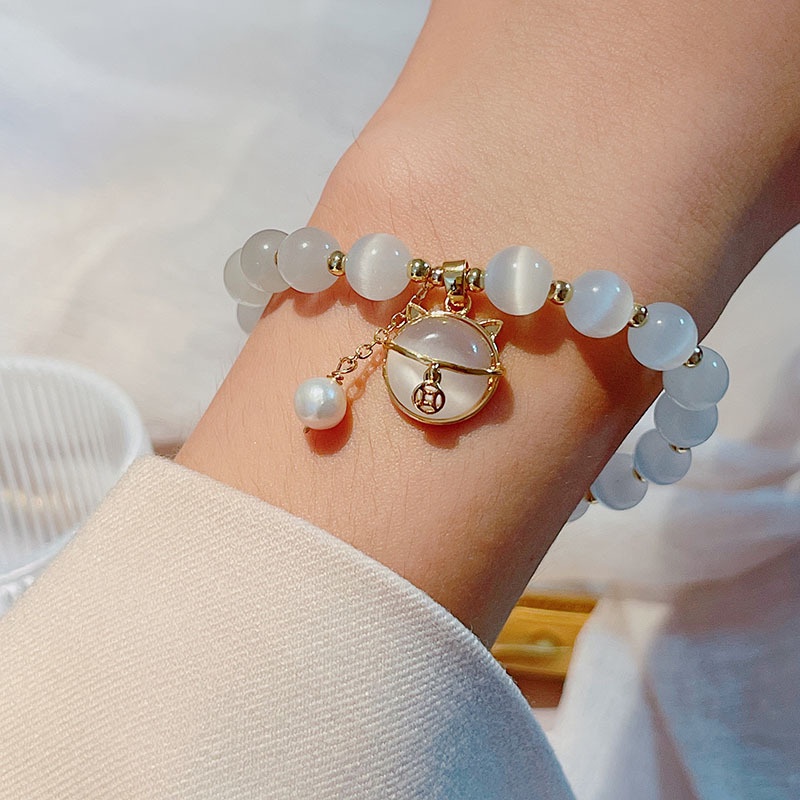 [Hàng Mới] Vòng Tay Chuỗi Hạt Đá Mắt Mèo May Mắn Phong Cách Đơn Giản Dành Cho Nữ