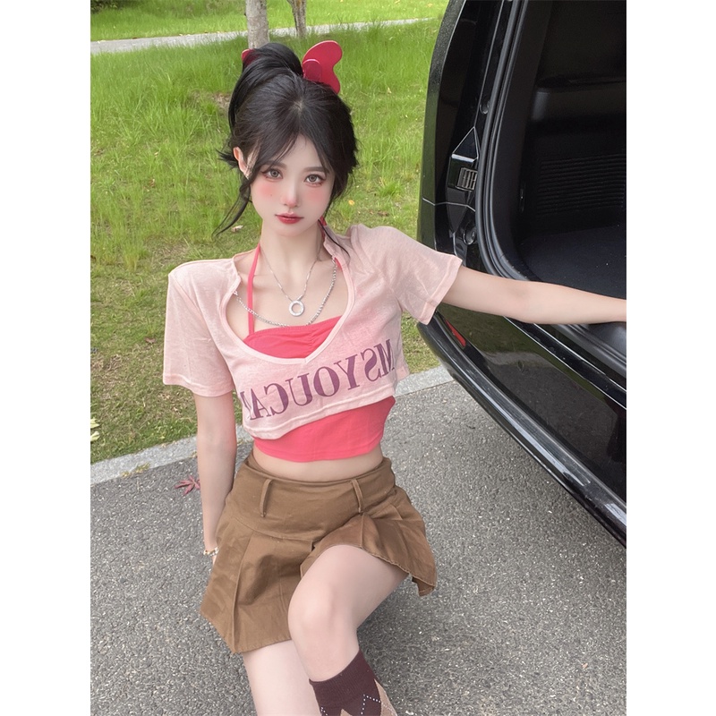 HUANG YOYO Set Áo Thun Dây Đan Chéo Trước Ngực + Áo Thun Dài Tay Thời Trang Nữ