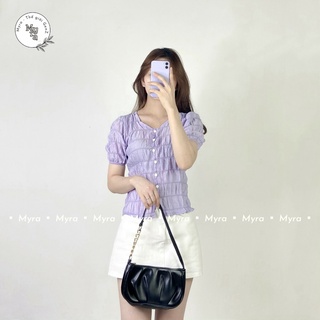 Áo chất xốp cổ V Myra kiểu nhún bánh bèo nữ tính phối cúc AoxopcoV3002