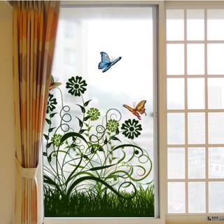 Decal dán kính cao cấp - cỏ hoa lá và bươm bướm -dk1069