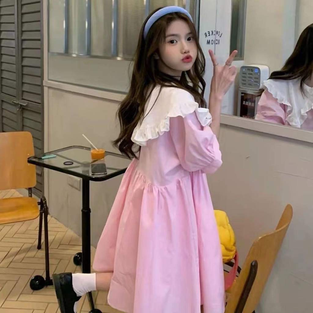 Váy babydoll Đầm Dáng Chữ A Rộng Cổ Bẻ Màu Sắc Tương Phản Phong Cách Hàn Quốc Thời Trang Mùa Hè Xinh Xắn Cho Nữ