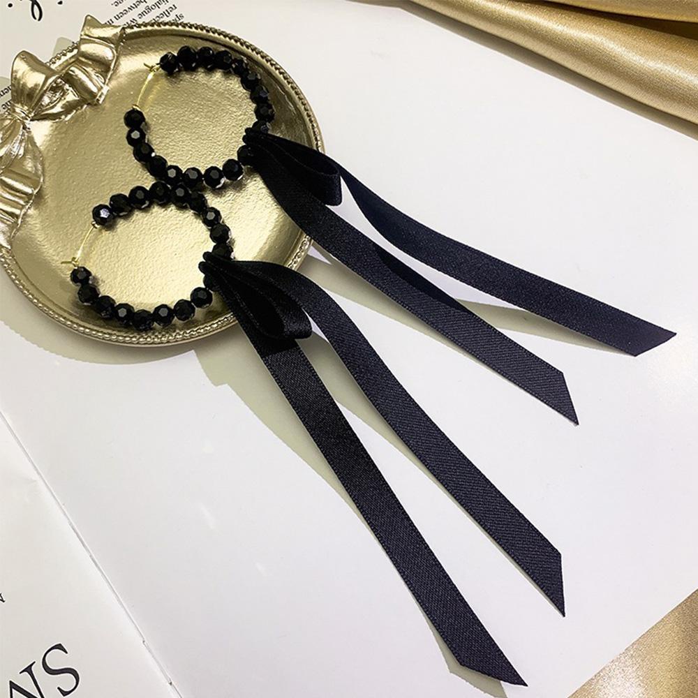 Bông Tai Dáng Dài Phối Dây Ruy Băng Đính Hạt Thời Trang Cho Nữ