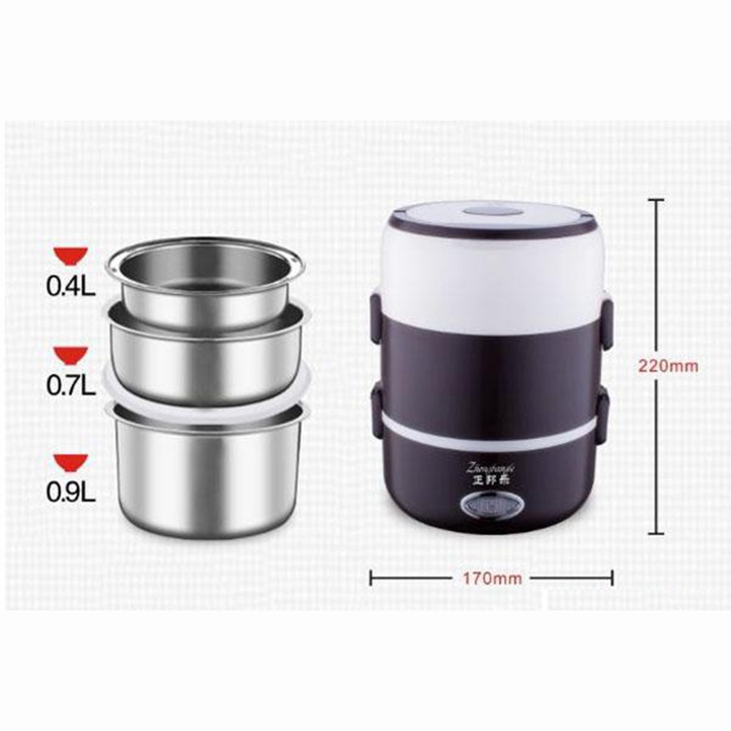 Nồi cơm điện mini văn phòng 3 khay Inox nhỏ gọn đa năng 2L